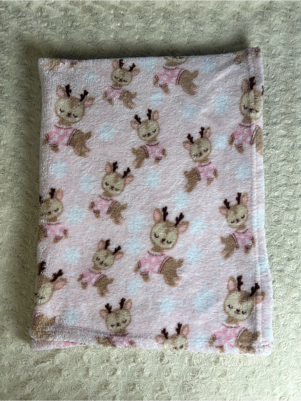 Walmart Parent's Choice Pink Reindeer Baby Girl Blanket Tan White Snowflakes